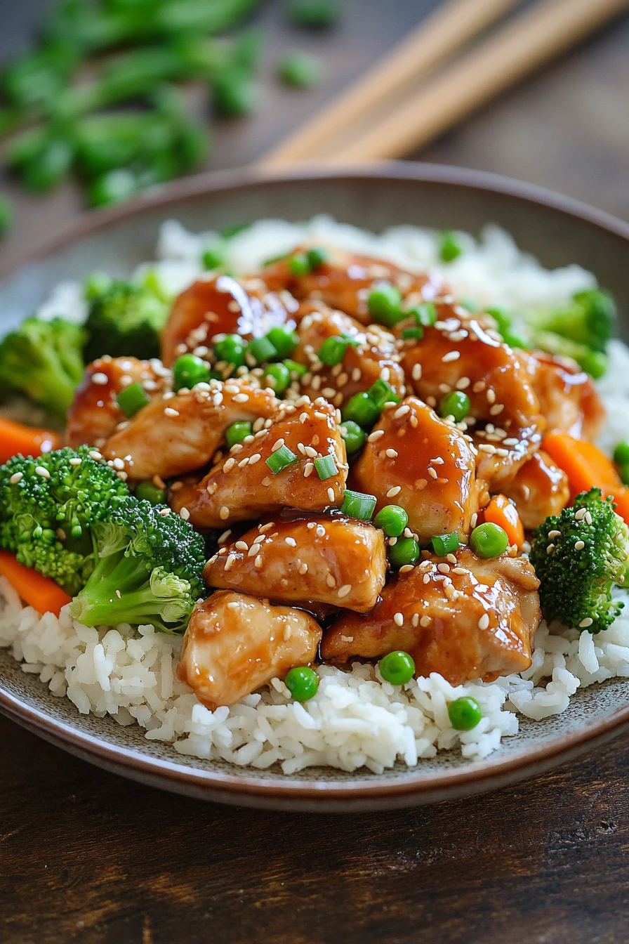 Close-up of one pot chicken teriyaki with a glossy sauce and garnished with sesame seeds.