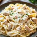 Close-up of a creamy chicken noodle dish with herbs in a white bowl.