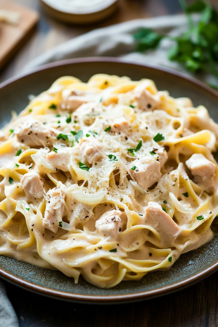 Close-up of a creamy chicken noodle dish with herbs in a white bowl.