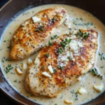 Close-up of one pot creamy dijon chicken with a rich sauce and tender chicken pieces