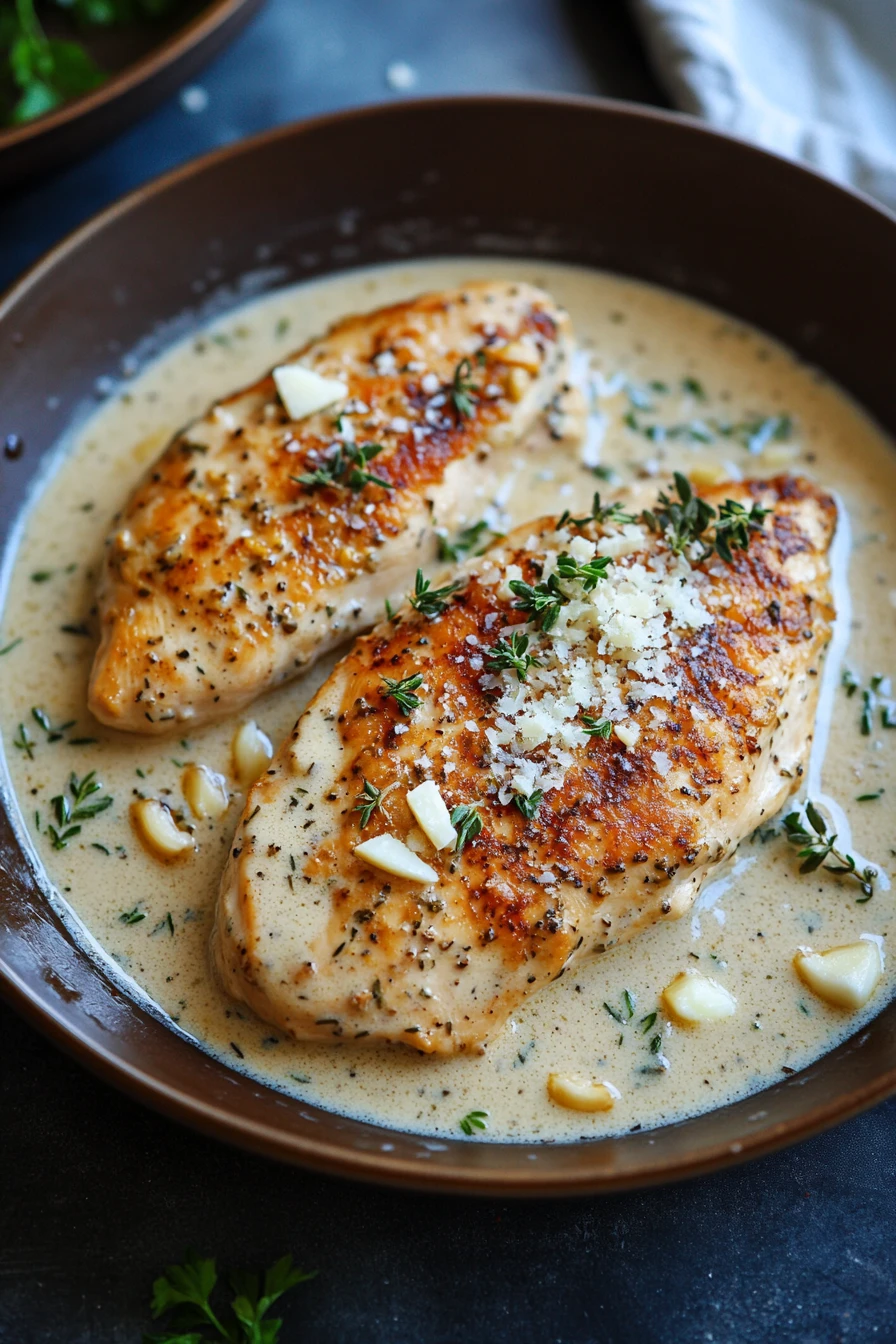 Close-up of one pot creamy dijon chicken with a rich sauce and tender chicken pieces