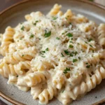 Close-up of one pot creamy ditalini pasta with a rich sauce and herbs.