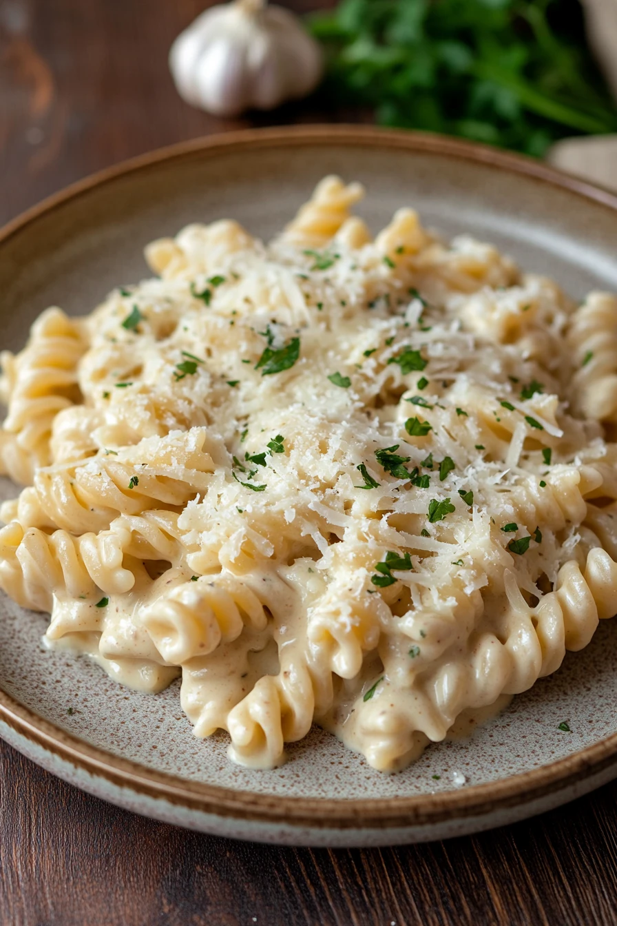 Close-up of one pot creamy ditalini pasta with a rich sauce and herbs.