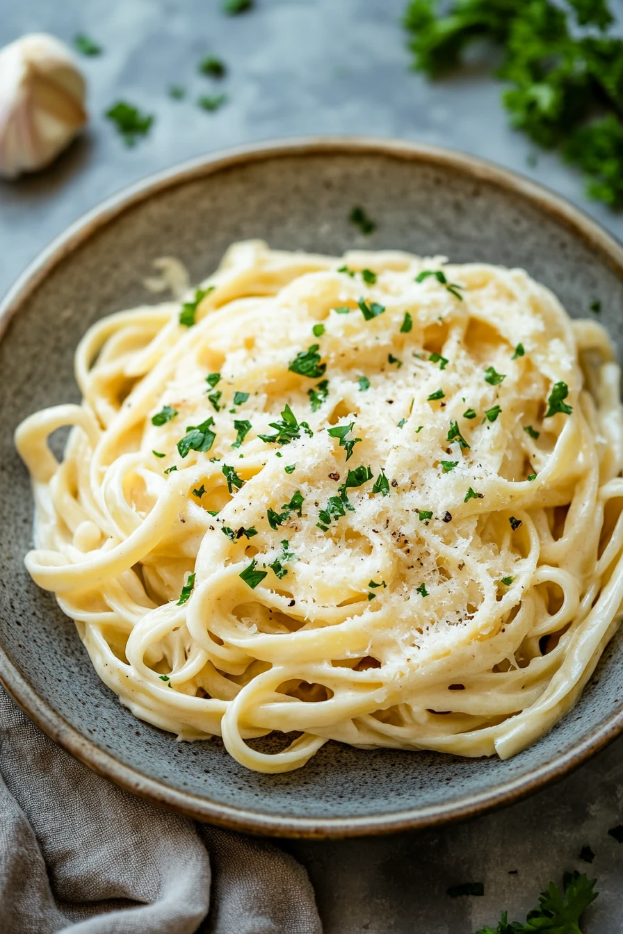 One Pot Creamy Garlic Noodles for When You Need Quick Comfort 2 Close-up of one pot creamy garlic noodles with a clean background