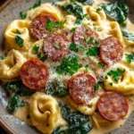 Close-up of one pot creamy kielbasa tortellini with a rich, creamy sauce and herbs.