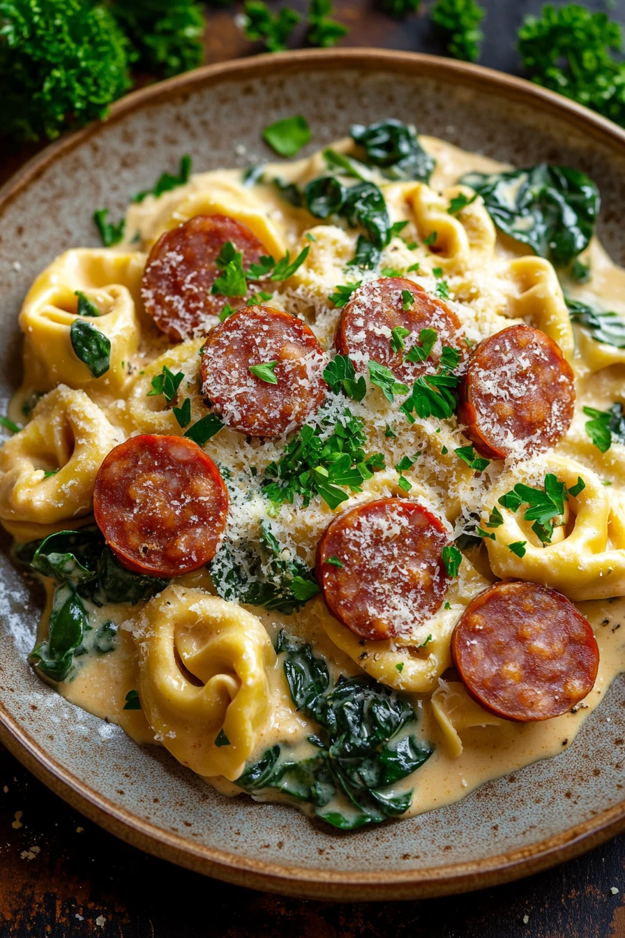 Close-up of one pot creamy kielbasa tortellini with a rich, creamy sauce and herbs.