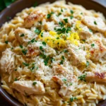 Close-up of one pot creamy lemon chicken orzo pasta with herbs
