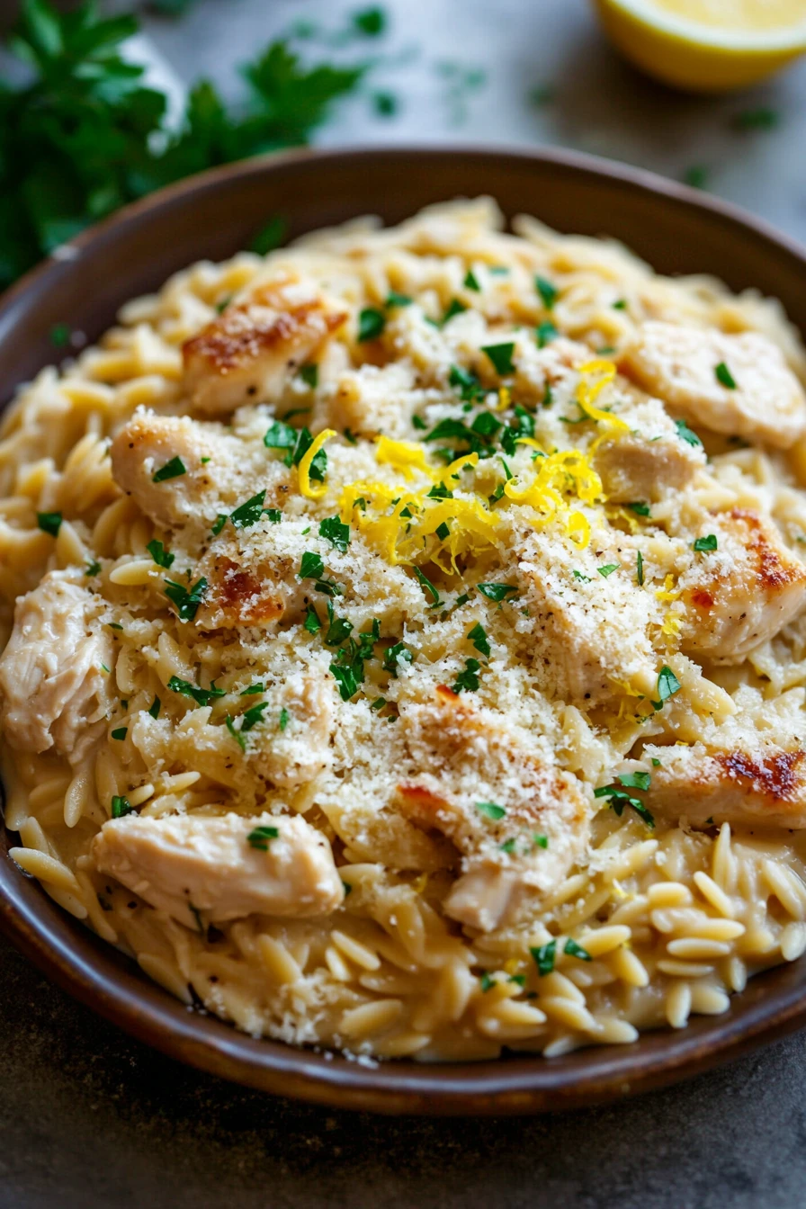 Close-up of one pot creamy lemon chicken orzo pasta with herbs