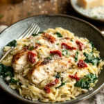 One Pot Creamy Orzo Tuscan Chicken for Cozy Weeknight Dinners 3 Close-up of one pot creamy orzo with Tuscan chicken in a bright, appetizing setting.