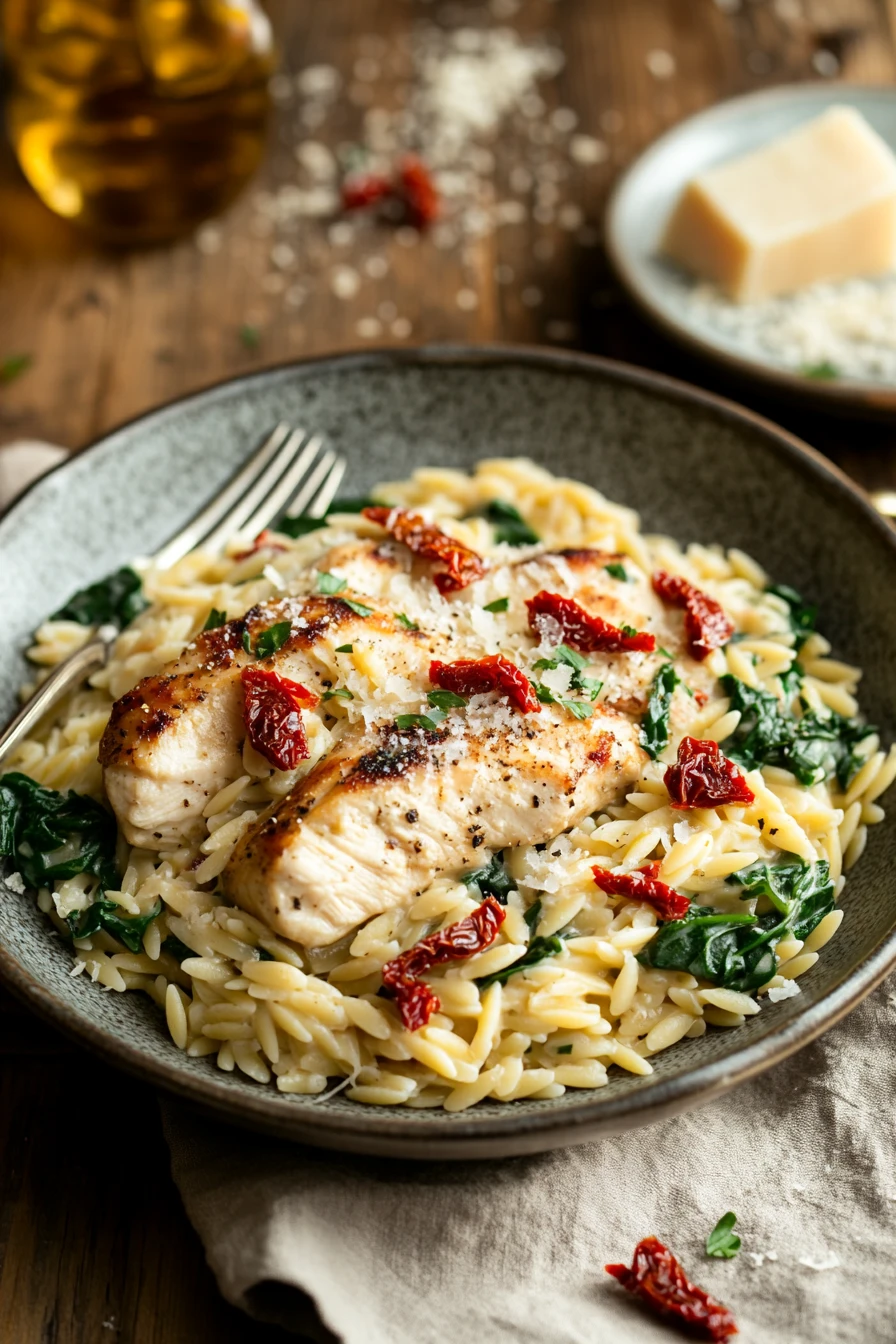 One Pot Creamy Orzo Tuscan Chicken for Cozy Weeknight Dinners 2 Close-up of one pot creamy orzo with Tuscan chicken in a bright, appetizing setting.