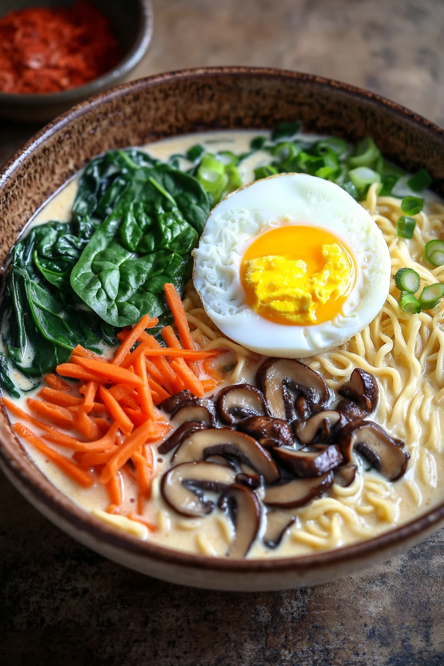 Close-up of one pot creamy ramen with rich textures and bright natural lighting.