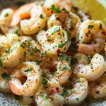 Close-up of shrimp in a garlic butter sauce with a clean background