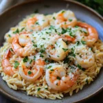Close-up of one pot garlic butter shrimp and orzo with bright lighting and clean background