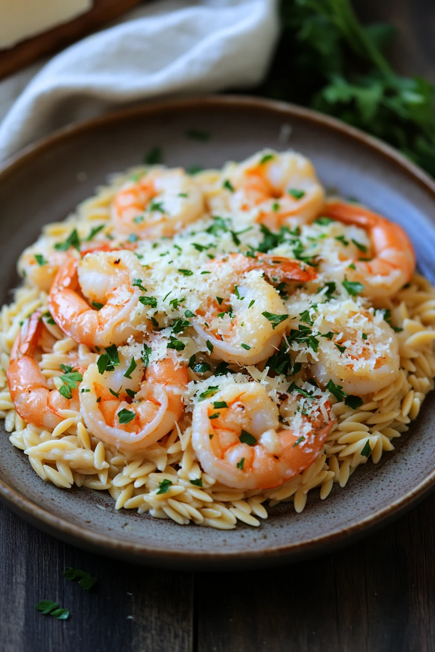 Close-up of one pot garlic butter shrimp and orzo with bright lighting and clean background