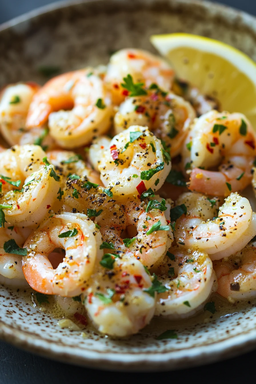 Close-up of shrimp in a garlic butter sauce with a clean background