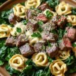 Close-up of one pot garlic parmesan steak and tortellini with creamy sauce.