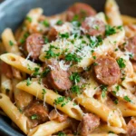 Close-up of one pot kielbasa sausage pasta with creamy sauce and herbs