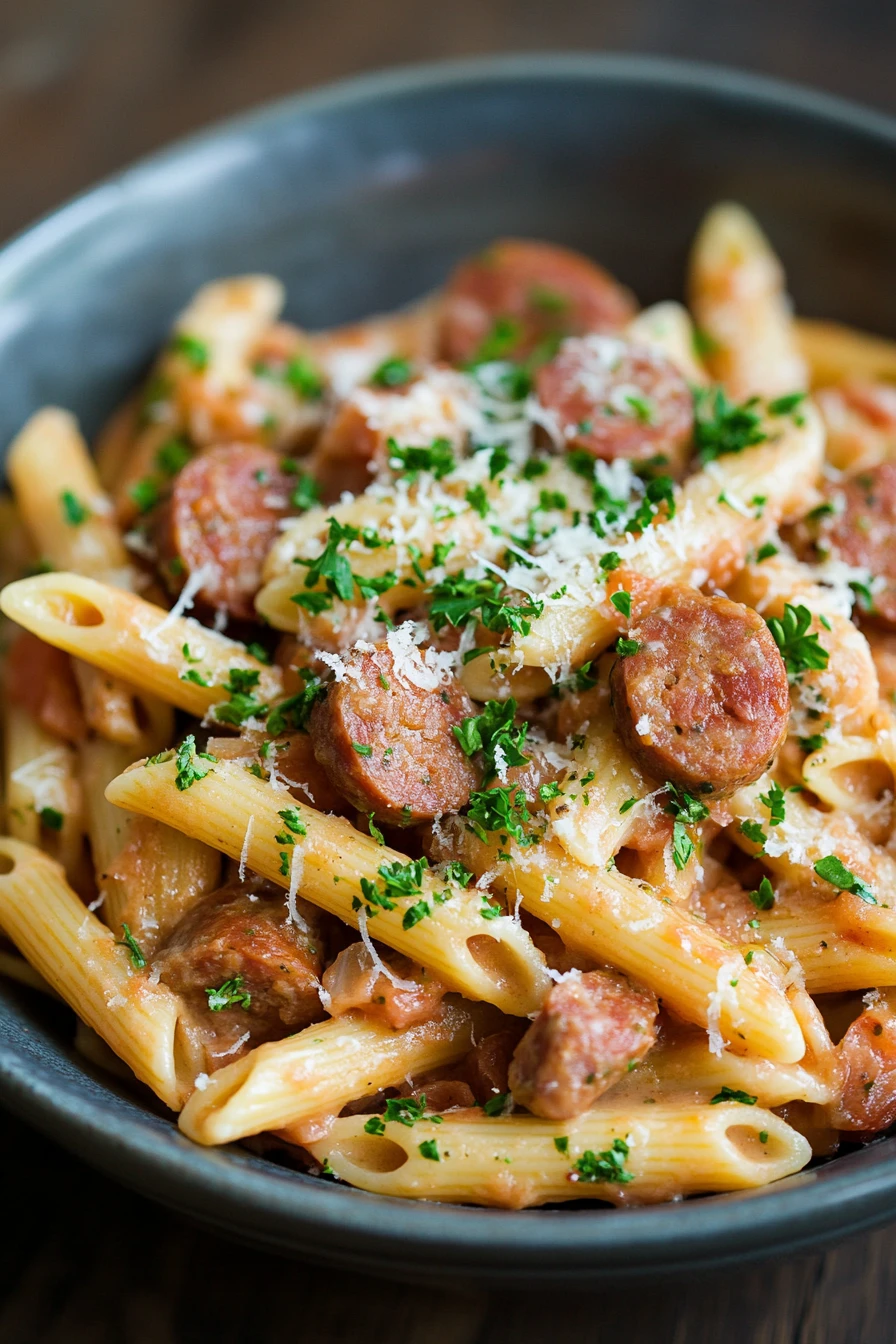 Close-up of one pot kielbasa sausage pasta with creamy sauce and herbs