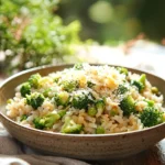 Close-up of a one pot dish with broccoli, featuring bright and warm natural lighting.
