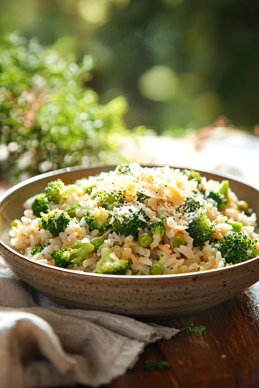 Close-up of a one pot dish with broccoli, featuring bright and warm natural lighting.