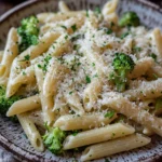 Close-up of one pot pasta and broccoli with bright lighting and clean background