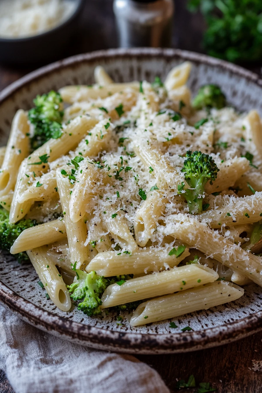 Close-up of one pot pasta and broccoli with bright lighting and clean background