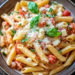 Close-up of creamy one pot pasta in an instant pot with herbs