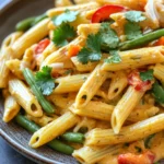 Close-up of creamy pasta with curry sauce and herbs in a white bowl