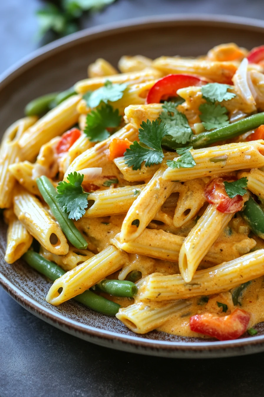 Close-up of creamy pasta with curry sauce and herbs in a white bowl