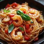 Close-up of one pot pasta with shrimp in a creamy sauce, garnished with herbs
