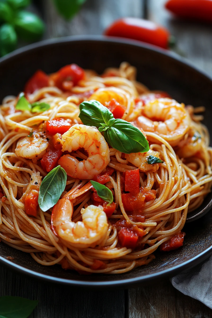Close-up of one pot pasta with shrimp in a creamy sauce, garnished with herbs