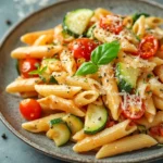 Close-up of one pot pasta with vegetables and herbs in a bright setting