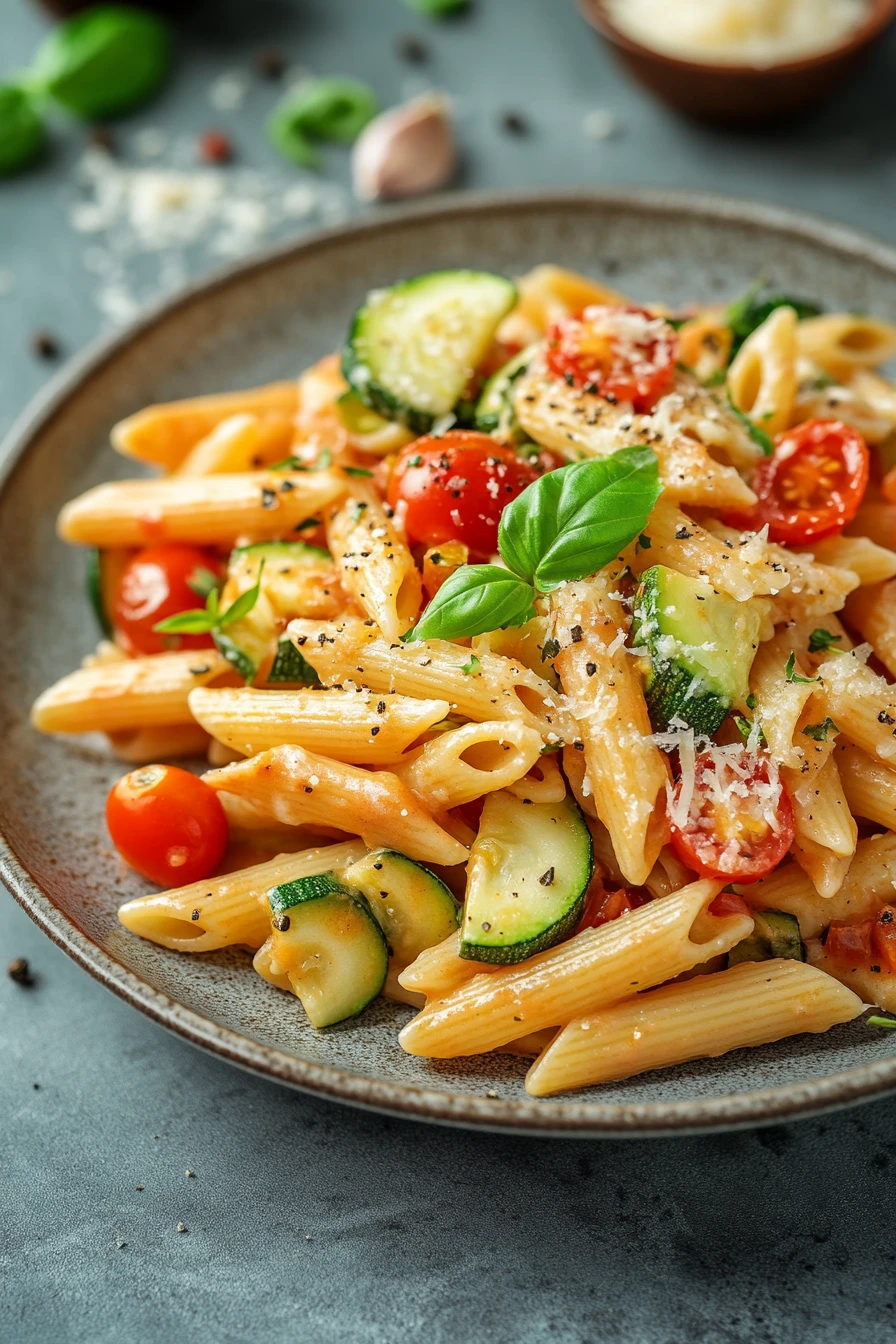 Close-up of one pot pasta with vegetables and herbs in a bright setting