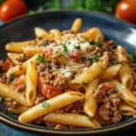 Close-up of one pot pasta with ground beef in a warm, inviting setting.