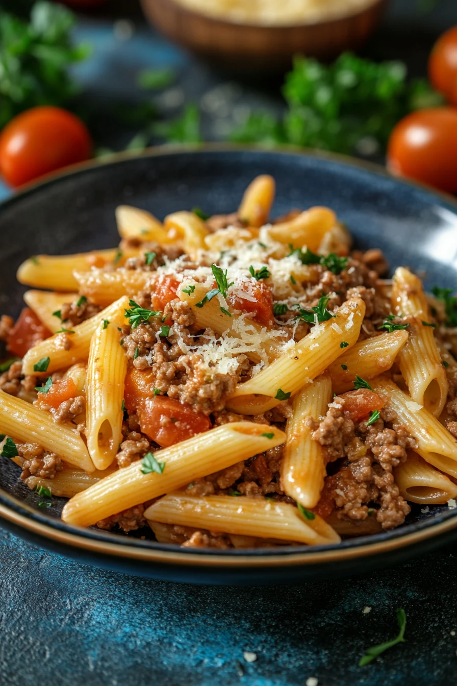 Close-up of one pot pasta with ground beef in a warm, inviting setting.