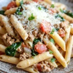 One Pot Protein Pasta for Nights When You Need Dinner Fast 3 Close-up of creamy pasta with herbs in a white bowl, showcasing a one pot protein pasta dish.