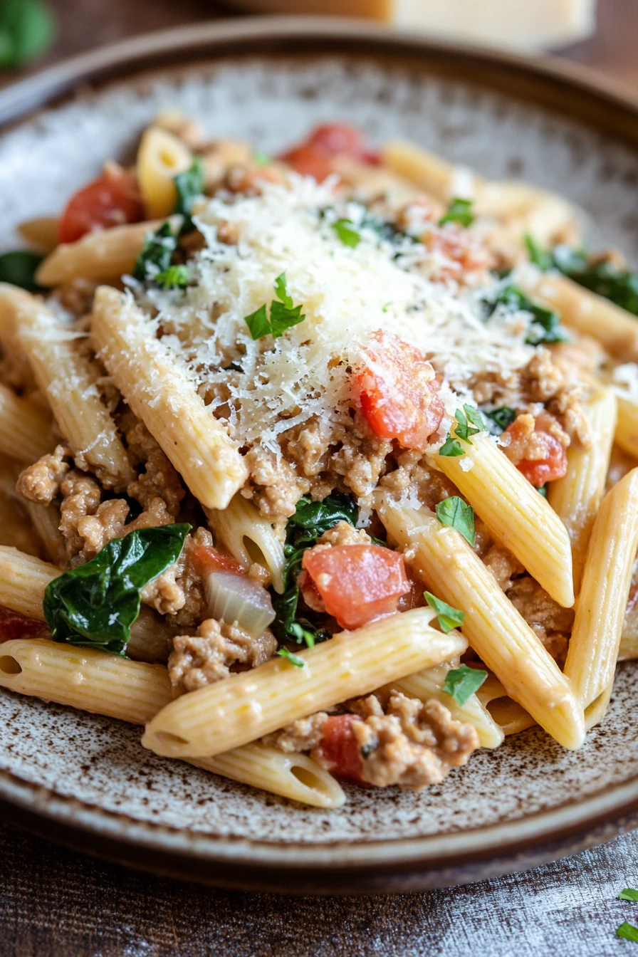 One Pot Protein Pasta for Nights When You Need Dinner Fast 2 Close-up of creamy pasta with herbs in a white bowl, showcasing a one pot protein pasta dish.