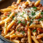 Close-up of one pot sausage and pasta with creamy sauce and herbs, filling the frame.