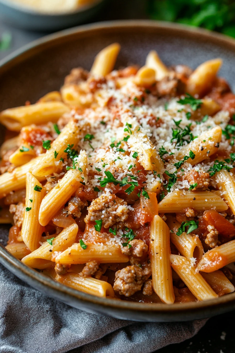Close-up of one pot sausage and pasta with creamy sauce and herbs, filling the frame.