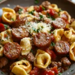 Close-up of one pot sausage and tortellini with a creamy sauce in a white bowl.