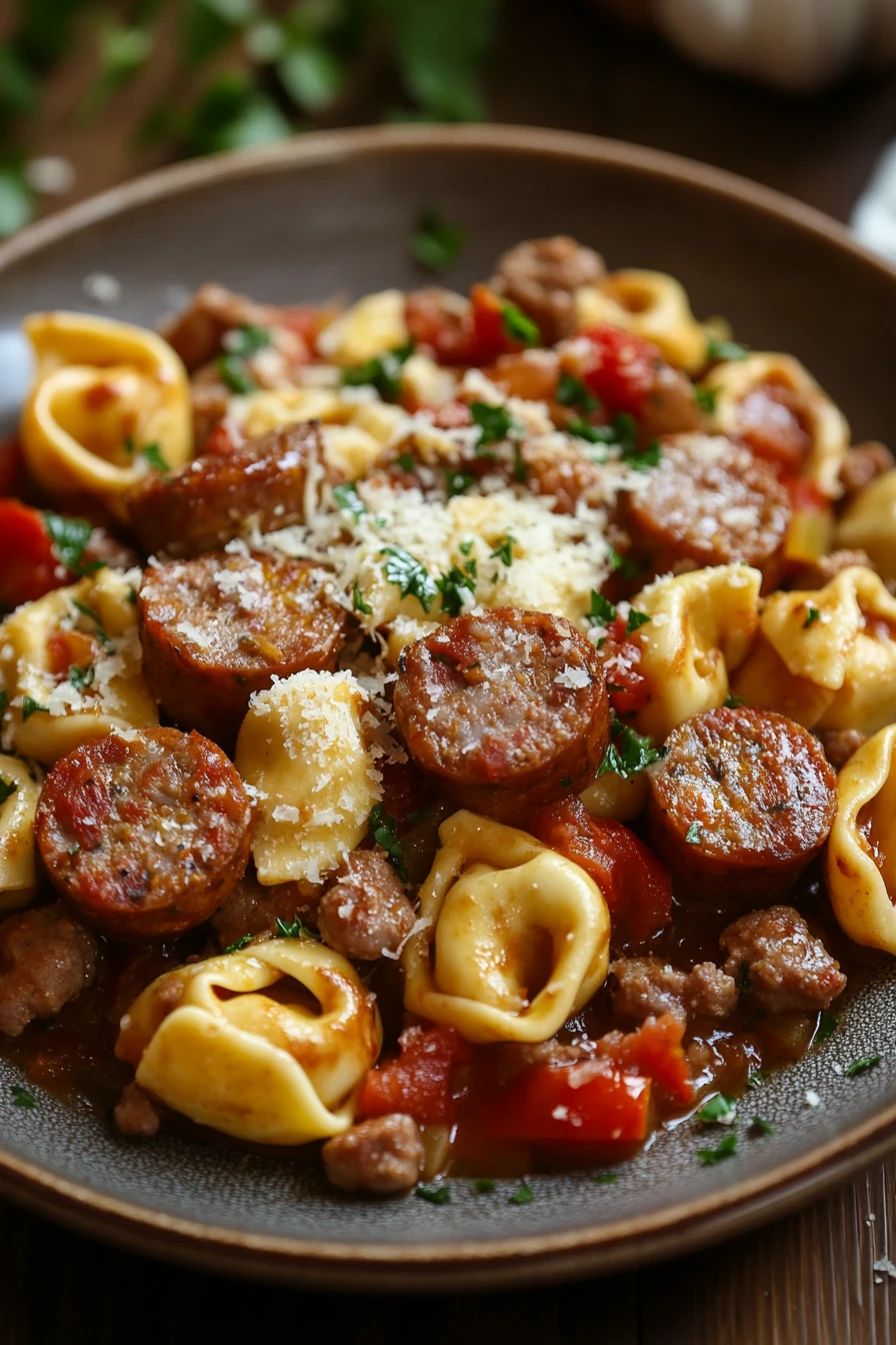 Close-up of one pot sausage and tortellini with a creamy sauce in a white bowl.