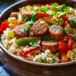 Close-up of one pot sausage, peppers, and rice dish with vibrant colors and appetizing presentation.