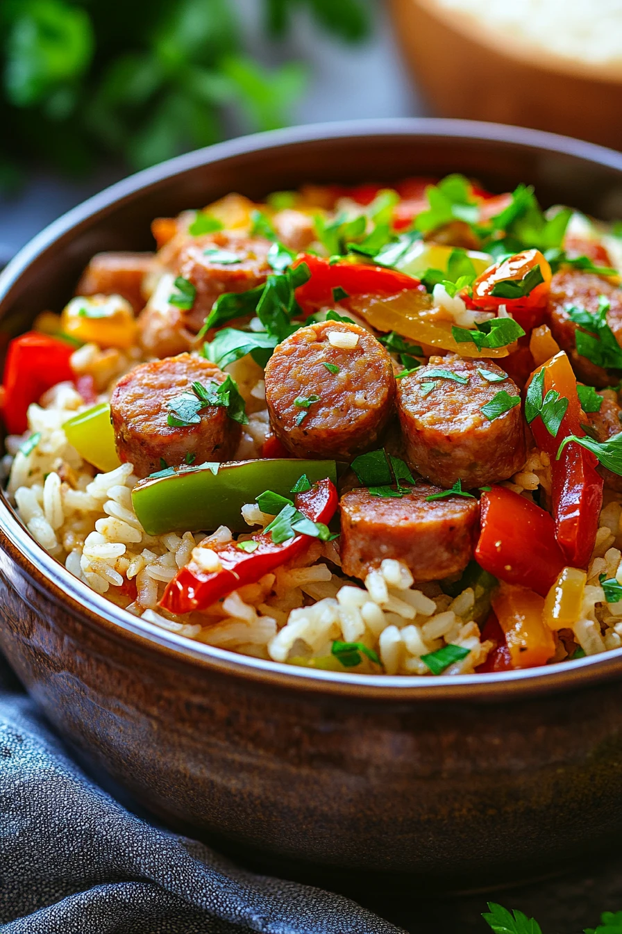 Close-up of one pot sausage, peppers, and rice dish with vibrant colors and appetizing presentation.