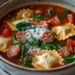 Close-up of one pot sausage ravioli soup with creamy broth and herbs