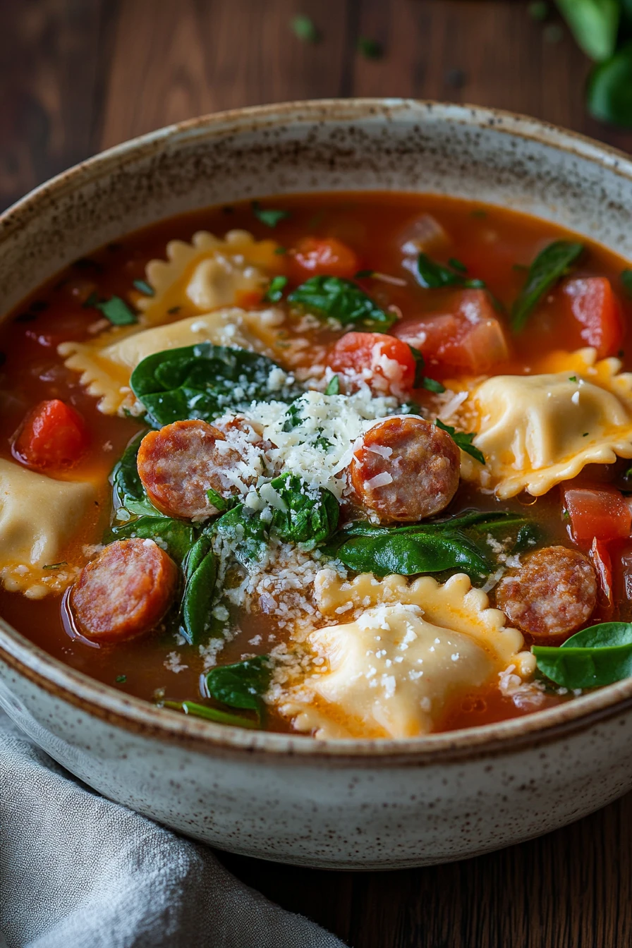 Close-up of one pot sausage ravioli soup with creamy broth and herbs