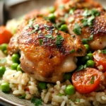 One Skillet Chicken and Rice for Those Cozy Weeknight Dinners 3 Close-up of a skillet with chicken and rice, garnished with herbs, in bright natural lighting.