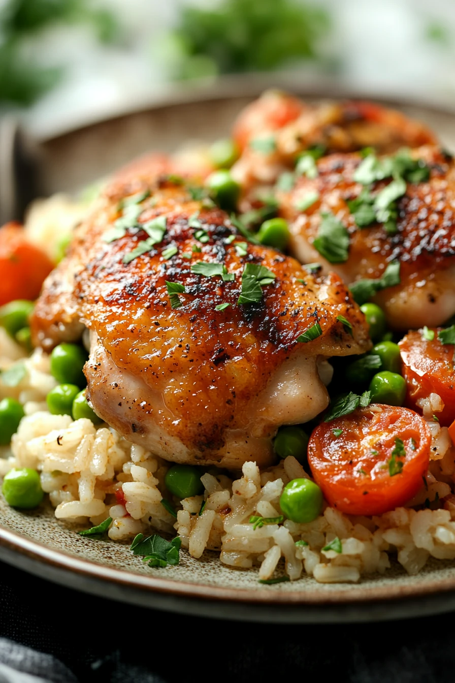 One Skillet Chicken and Rice for Those Cozy Weeknight Dinners 2 Close-up of a skillet with chicken and rice, garnished with herbs, in bright natural lighting.