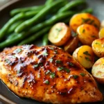 Close-up of peach glazed chicken breast dinner with a warm, appetizing presentation.