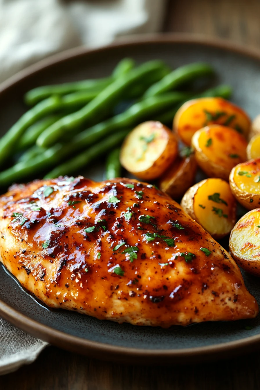 Close-up of peach glazed chicken breast dinner with a warm, appetizing presentation.