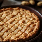 Close-up of a peanut butter cookie crust with a golden brown texture